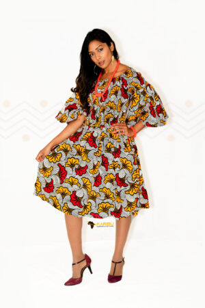 Ellen Ankara Midi Puff Sleeves Gown