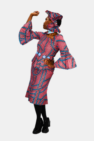 Coral Ankara Bell Sleeve Dress with Headwrap